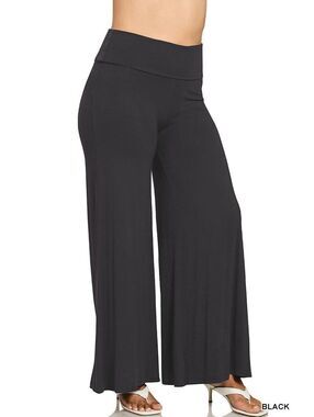 Zenana Palazzo Pants Fold Over Waist Black 1X